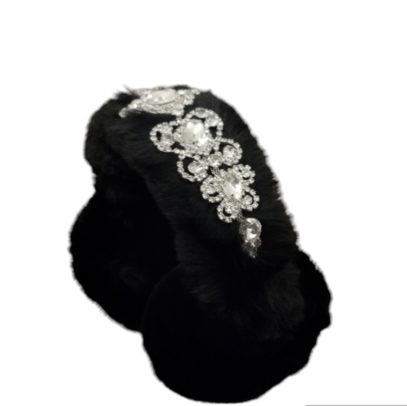 Handmade Accessories - Black Faux Fur Crystal Emblellished Earmuffs Earwarmers Headband Headdress